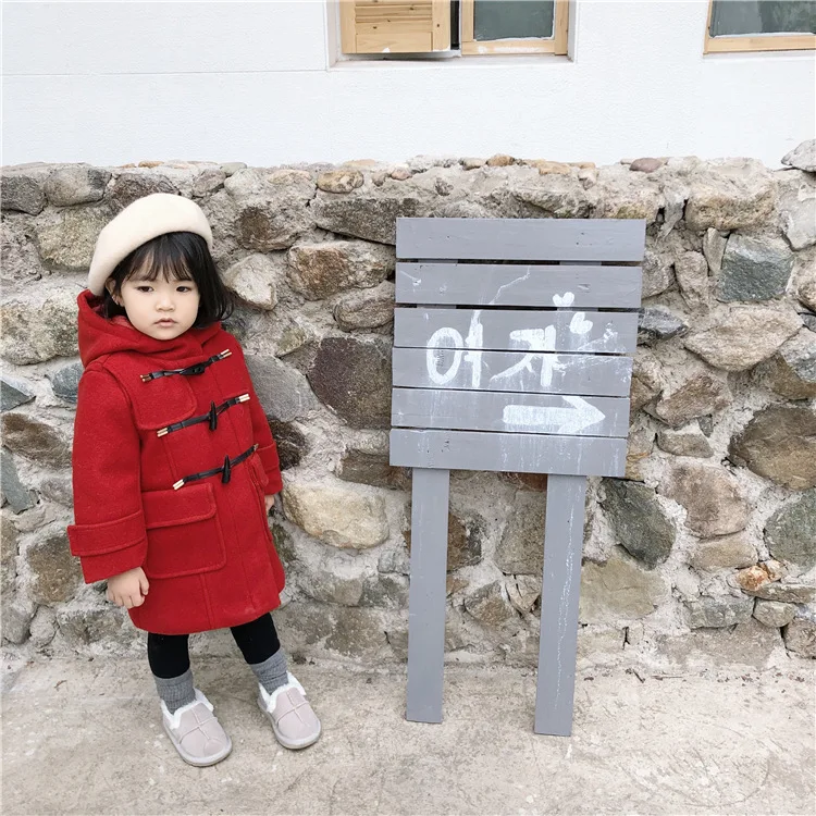 

New winter Korean style personality wild long section warm thick woolen hooded jacket outerwear with horn buckles for girls