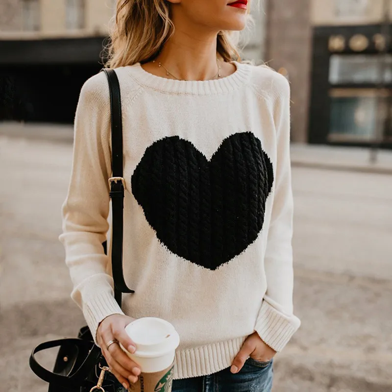 Осенне-зимние женские свитера с рисунком сердца, топы с длинными рукавами и круглым вырезом, милые пуловеры, вязаные свободные свитера, топы
