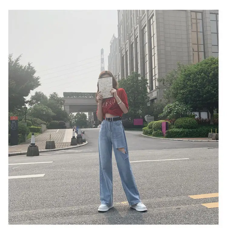 Hyuna, джинсы знаменитостей, женские, летние, высокая талия, с отверстиями, свободный крой, онлайн, подвеска знаменитостей, чувство, прямой крой, свободный Пан