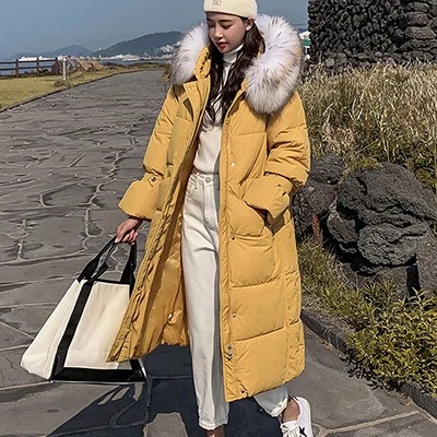 Yellow Зимнее длинное пальто с меховым капюшоном для женщин, большие размеры, Harajuku, свободная теплая Женская куртка, Корейская парка, пальто, хлопковые куртки, пальто - Цвет: Yellow