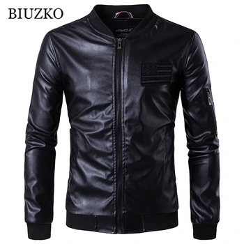 

Fashion Solid Men Faux Leather Jacket Slim Stand Mens PU Leather Jackets Pockets Black Motorcycle Coat