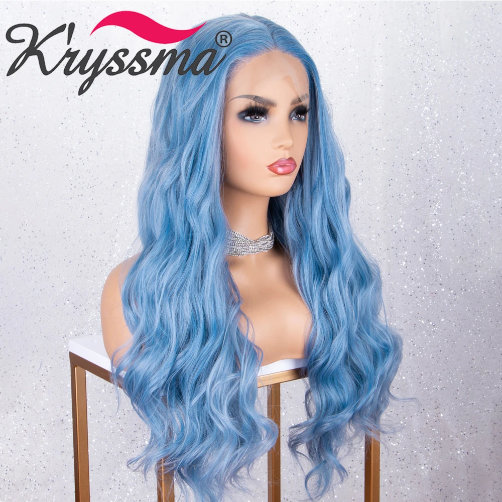 Kryssma 13x3 кружевные голубые парики синтетические парики на фронте шнурка для черных женщин длинные волнистые косплей парик высокотемпературное волокно