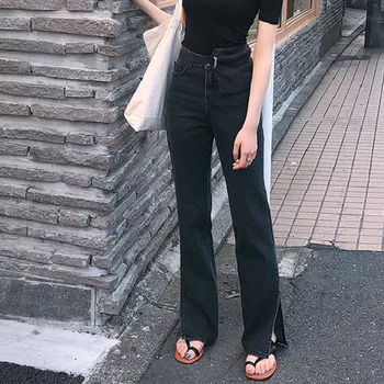 

New 2020 Spring Autumn Women's Casual Straight Jeans Woman Button Loose Denim Pants Trouser Boyfriend High Waist Black Jeans