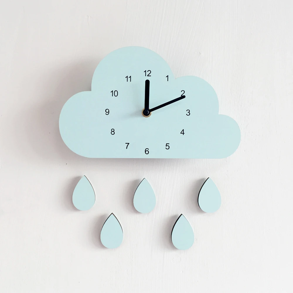 Nordic Style Wooden Cloud Raindrop Shaped Wall Clock Kids Girls
