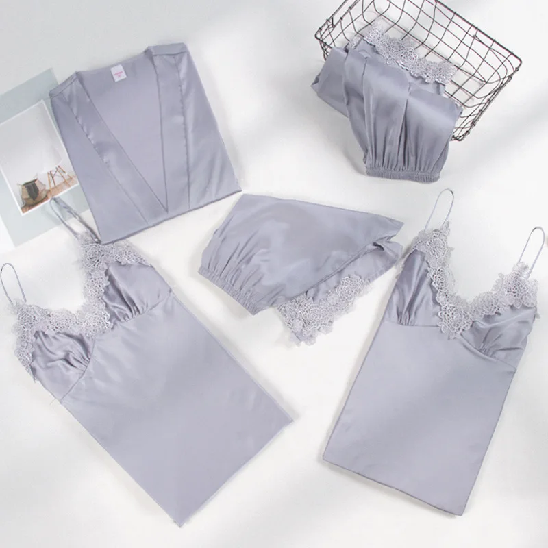 

Hot Selling Five-Piece Viscose Pajamas Women's Autumn Spring And Summer Long Sleeve Model Silk Camisole-Homewear Set