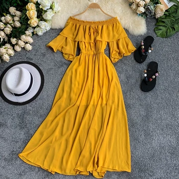 

Women Slash Neck Flare Sleeve Casual Dress Lady Solid Color Spring Summer Solid Color Elegant Vestidos F630