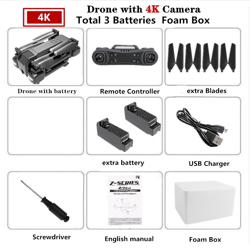 KF607 RC Дрон с 4K широкоугольной HD камерой оптический поток селфи-Квадрокоптер складной мини дроны VS Z5 SG901 E58 M69 GD89 игрушка - Цвет: 4K Foam Box 3B