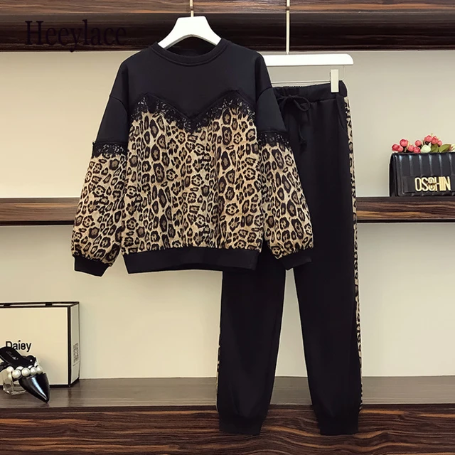 Plus Size 5xl Tracksuit Women Autumn Winter 2 Piece Set Leopard Patchwork  Long Sleeve Sweatshirt And Elastic Waist Pants Sets - Pant Sets - AliExpress