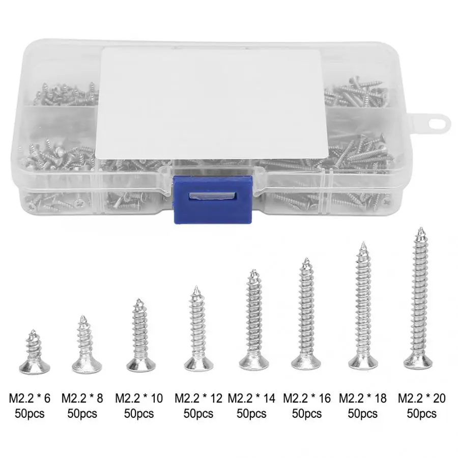 

400Pcs/set M2.2 Stainless Steel Countersunk Self Tapping Screws Assortment Kit