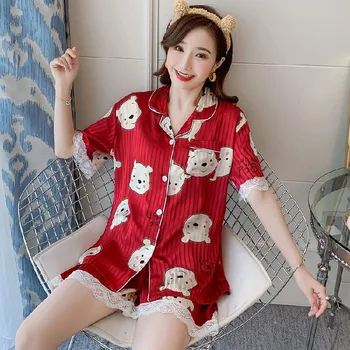 

New Women Pajamas Set Shorts Spring Summer Viscose Fiber Short-Sleeved Artificial Silk Two Piece Suit Leisure Tops Sleepwear
