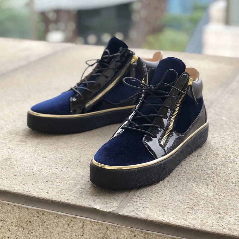 Factory Royal Blue Velvet Patchwork Casual Shoes High Top Thick Sole Male Double Zipper Sneakers Flat Leisure Trainer Shoes