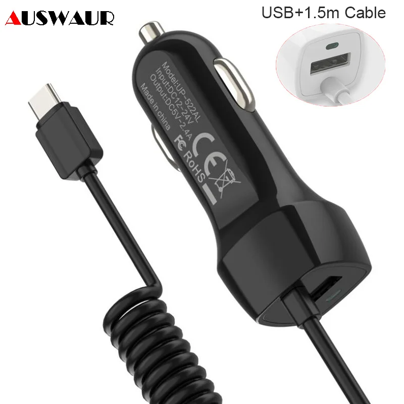 Универсальное автомобильное зарядное устройство Micro Type C USB с пружинным кабелем 1 5