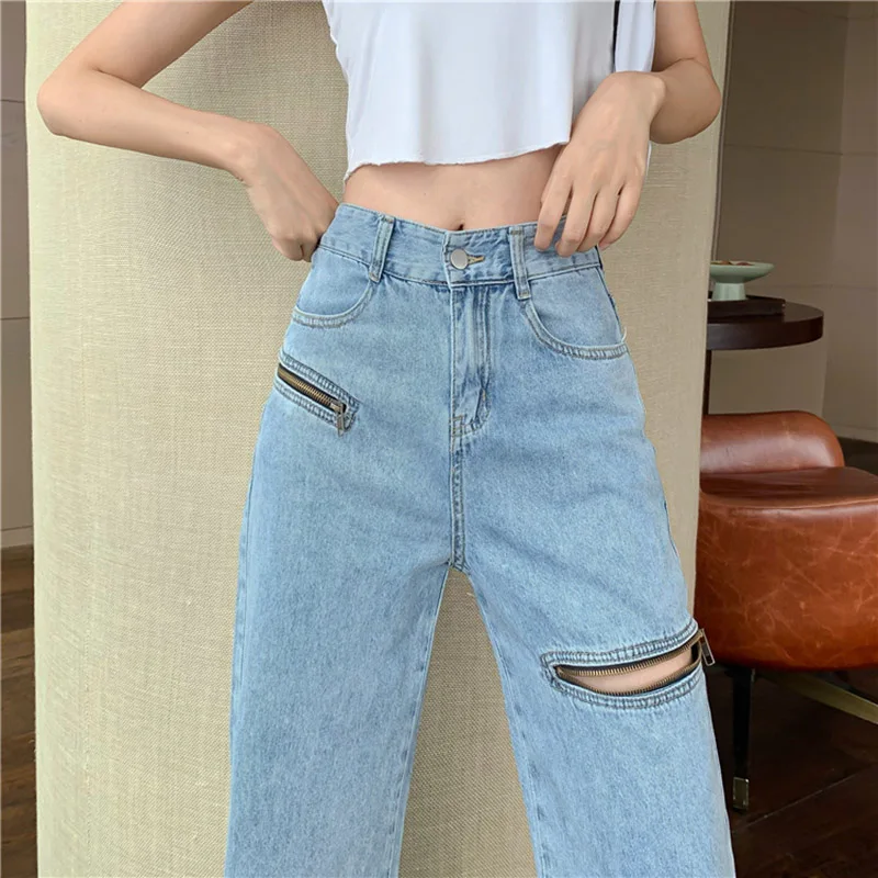 Woman Jeans High Waist Wide Leg Denim Clothing Blue Streetwear Vintage Hole zipper 2023Autumn Female Casual Straight denim Pants