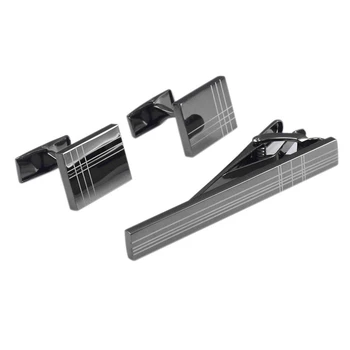 

Brangdy brand rectangular gun black laser stripe metal cufflinks tie clip combination fashion business event selection