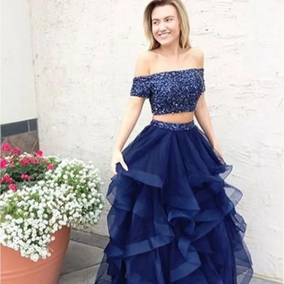Navy Blue Выпускные платья из двух частей с открытыми плечами, на шнуровке сзади, Длинные вечерние платья из тюля с оборками, длина до пола, торжественное платье с блестками - Цвет: Navy Blue