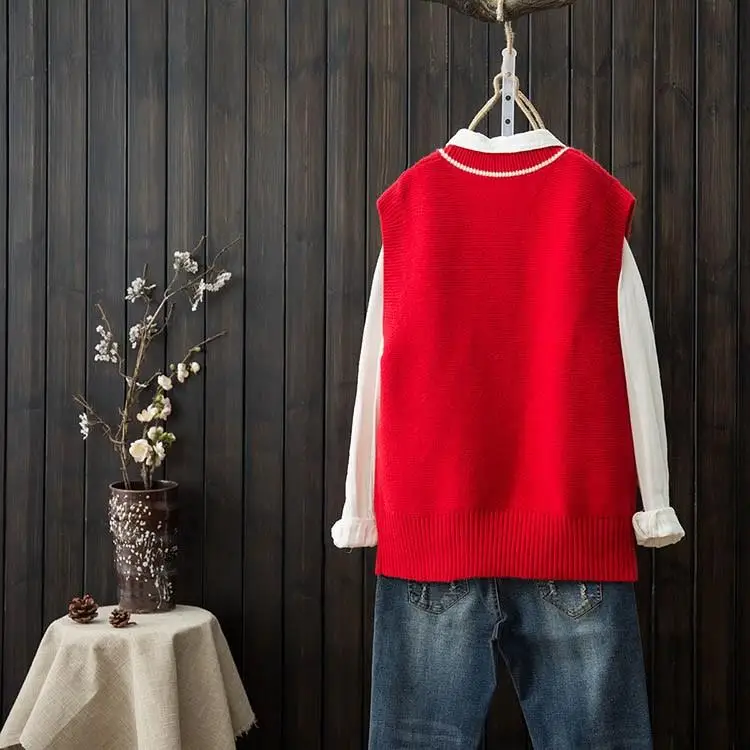 Autumn New Women Knitted Vest Big V Neck Short Vest Coat Solid College Wind Sweater Vest