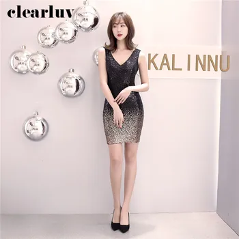 

Sexy Vestidos De Gala Deep V-Neck Sleevess Prom Dresses DX347 2020 Stylish Plus Size Party Gown Elegant Sequins Short Prom Gowns