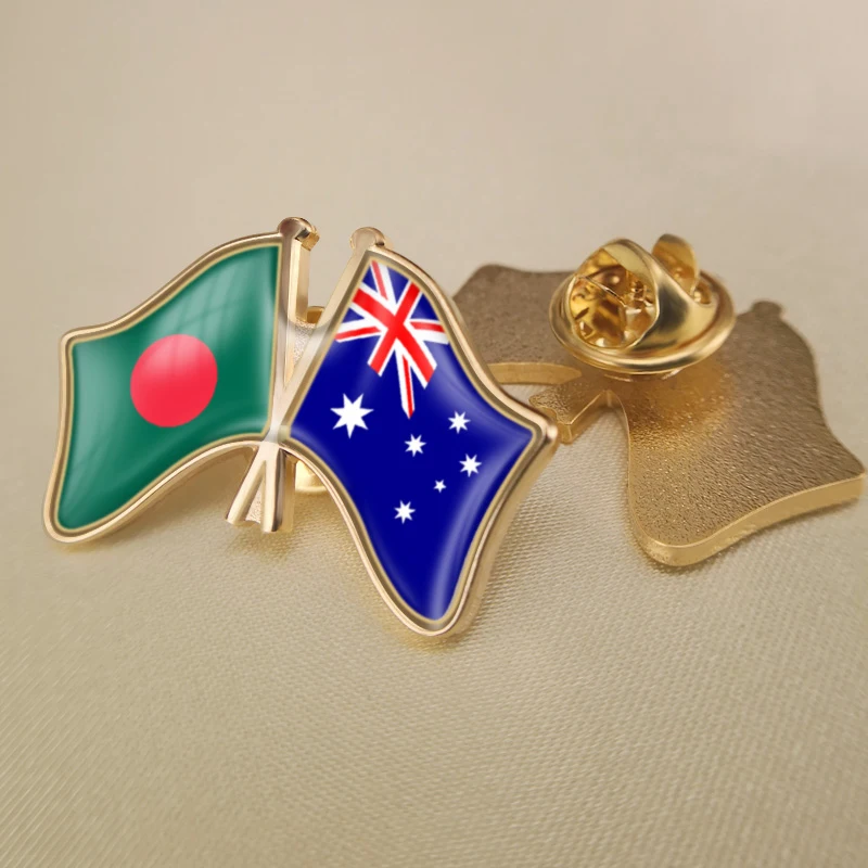 Bangladesh And Australia Crossed Double Friendship Flags Brooch Badges