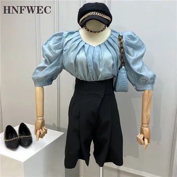 

2020 Summer New V-neck Puff Sleeve Short-sleeved Thin Casual Vacation Shirt Korea Plus Size Women Tops And Blouses 4 Color T093