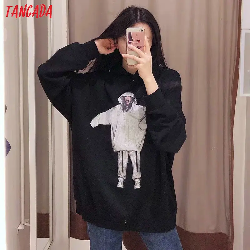 Tangada женские забавные флисовые негабаритных свитшоты с длинным рукавом в Корейском стиле с капюшоном пуловеры женские повседневные топы 4M191