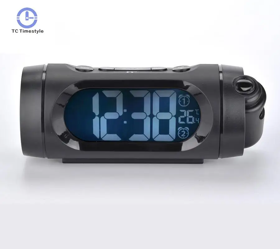 Projection Clock Black Plastic Digital Lcd Display Temperature Radio Double Night Light Clocks