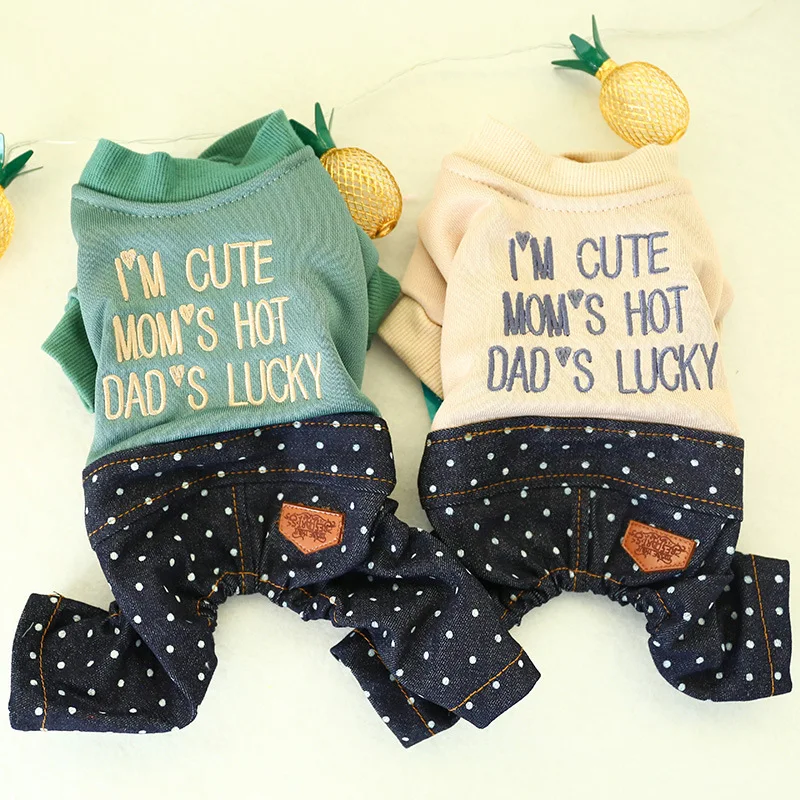 

Pet Dog Cat Autumn And Winter New Style Teddy Bichon Clothes English Lettered Dotted Jeans