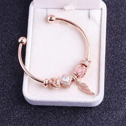 

High Quality 1:1 100%925 Sterling Silver Rose Gold Angel Wing Open Bracelet Free Shipping