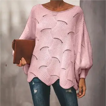 

WEPBEL Women Fashion Autumn Sweaters Pure Color Pullovers Bat Sleeve Casual Plus Size Hollow Out Loose Tops S-3XL