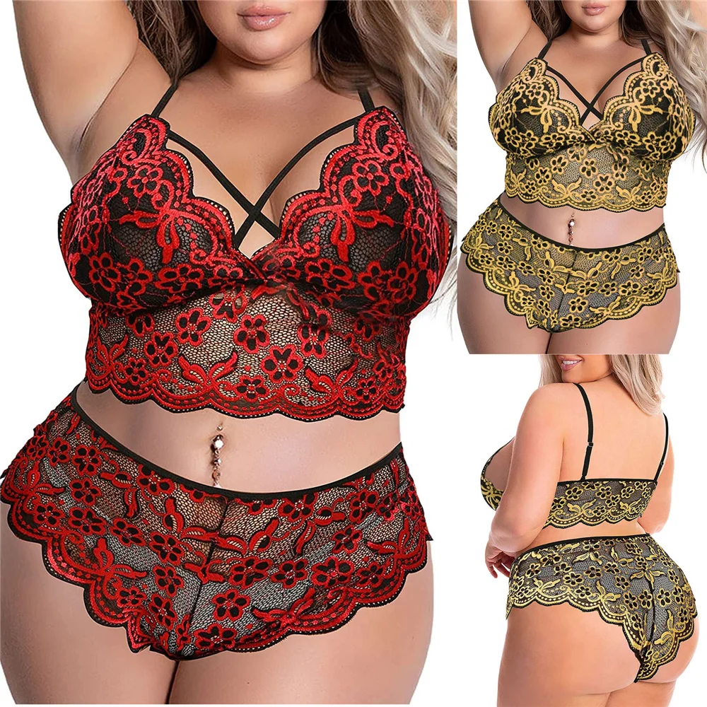 sexy bra and panty set New Plus Size Bra 2 Pieces Sets Sexy Lingerie Fashion Padded Bra Lace Embroidery Underwear Sleepwear Pajamas Women's Exotic Set bra and panty