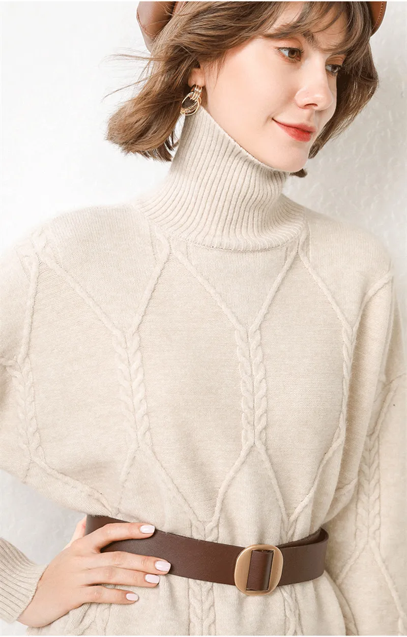 GCAROL корейский женский свитер с геометрическим рисунком и высоким воротом, толстый осенне-зимний вязаный джемпер средней длины, вязаный пуловер с разрезом