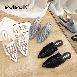 Wellwalk дизайнерские тапочки женская обувь на плоской подошве мюли Женская мода в полоску Шлепанцы женские брендовые мюли женские роскошные