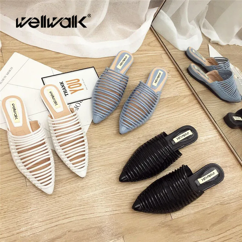 Wellwalk/дизайнерские тапочки женские туфли без задника на плоской подошве модные