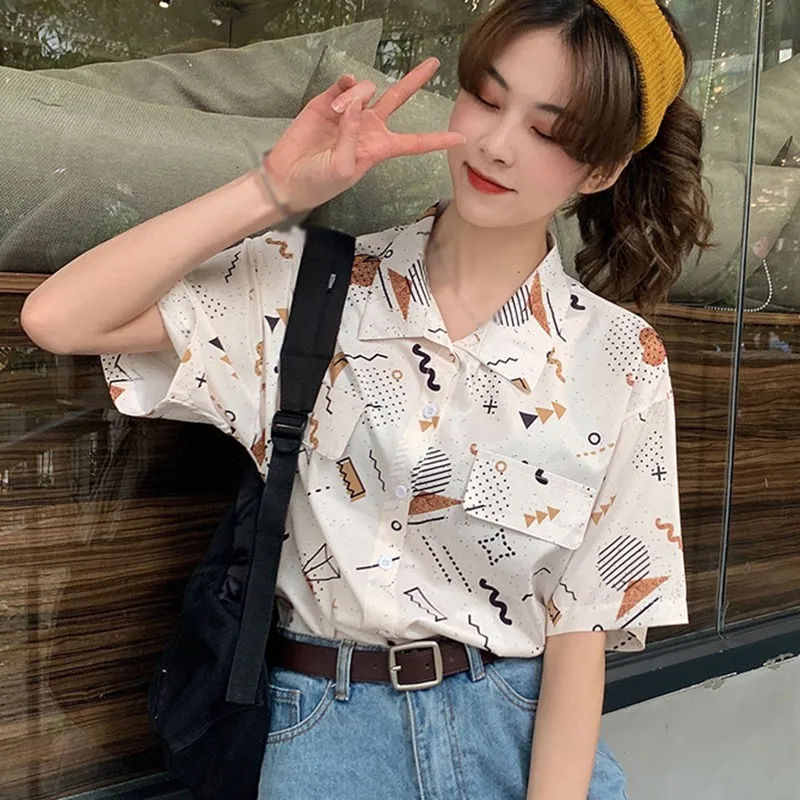 

Summer Casual Loose Blouses Print Short-Sleeve Shits Women Blouses Turn-down Collar Fashion Shirt