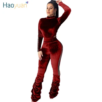

HAOYUAN Velvet Sequin Winter Two Piece Set Women Tracksuit Festival Clothing Bodysuit Top Pant matching Suit Sexy Club Outfits