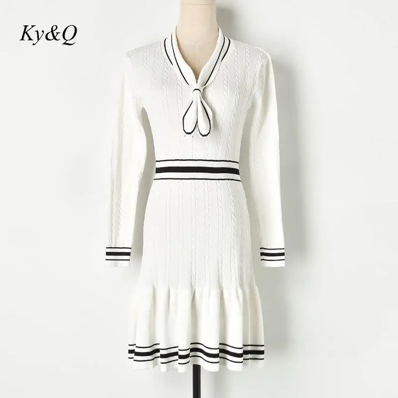 Runway Design Clothes 2020 Autumn Black White Button Elegant Luxury Bow Tie High Waist Ruffled Knitted Midi Dress Women Dress