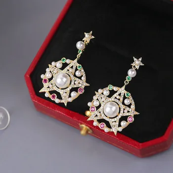 

Round five-pointed star pearl necklace inlaid with color zircon advanced sense S925 pins women party wedding jewelry earrings