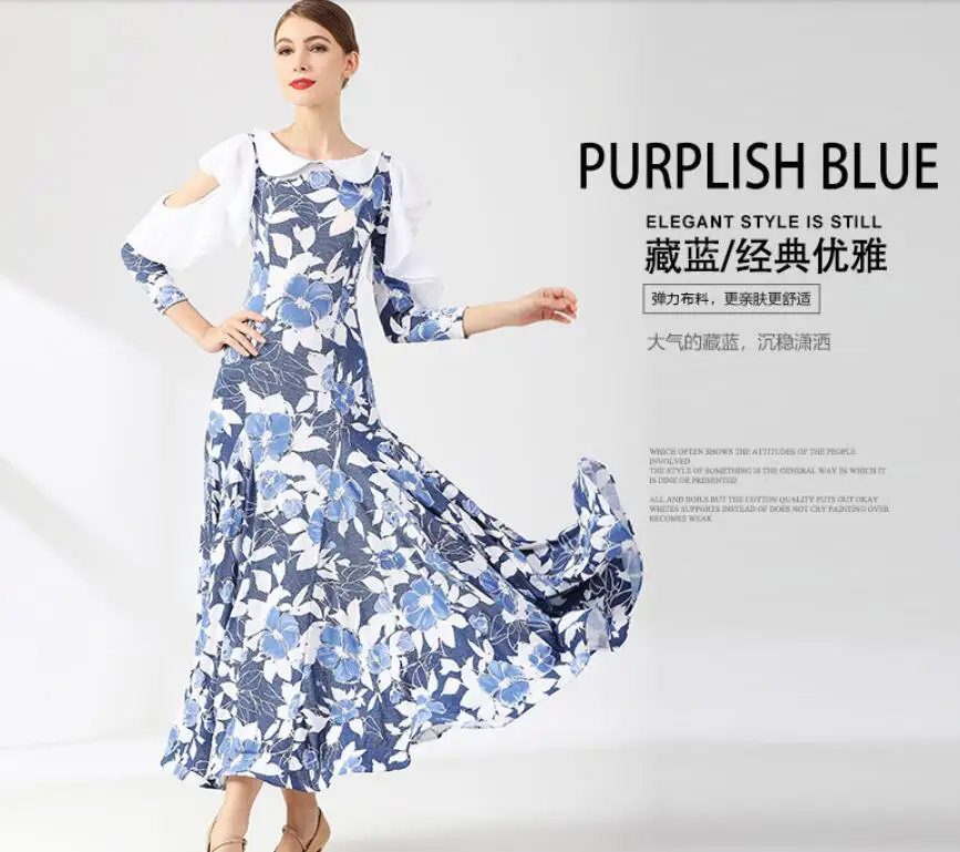 

standard ballroom dress summer waltz dress woman competition tango dress pratice wear blueflower print 2108