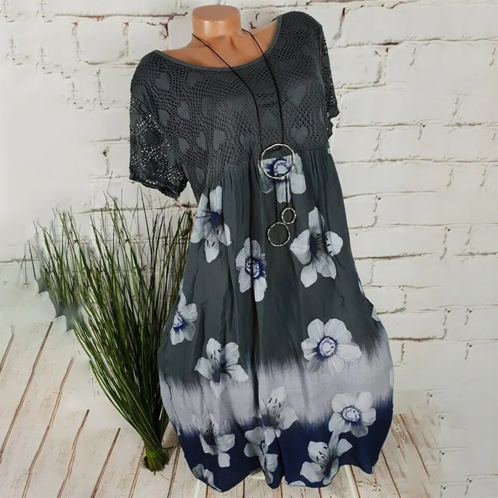 Gray Размера плюс Летняя мода Boho печати кружева свободная женская блузка Футболки женские футболка с коротким рукавом Blusas Femininas пуловер - Цвет: Gray