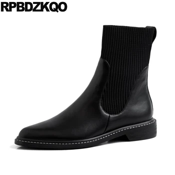 

2019 boots genuine leather autumn slip on luxury brand shoes women fall ankle pointed toe thick knit fashion block chunky black