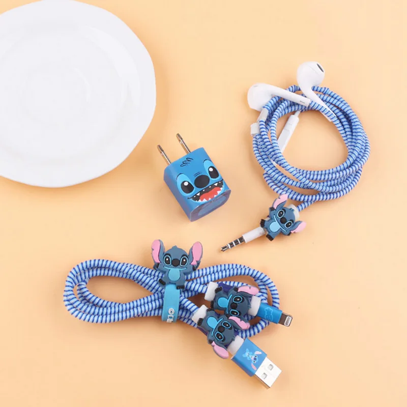 

Fashion Cute Cartoon USB Cable Earphone Protector Set With Cable Winder Stickers Spiral Cord Protector For iphone 5 6 6s 7plus 8