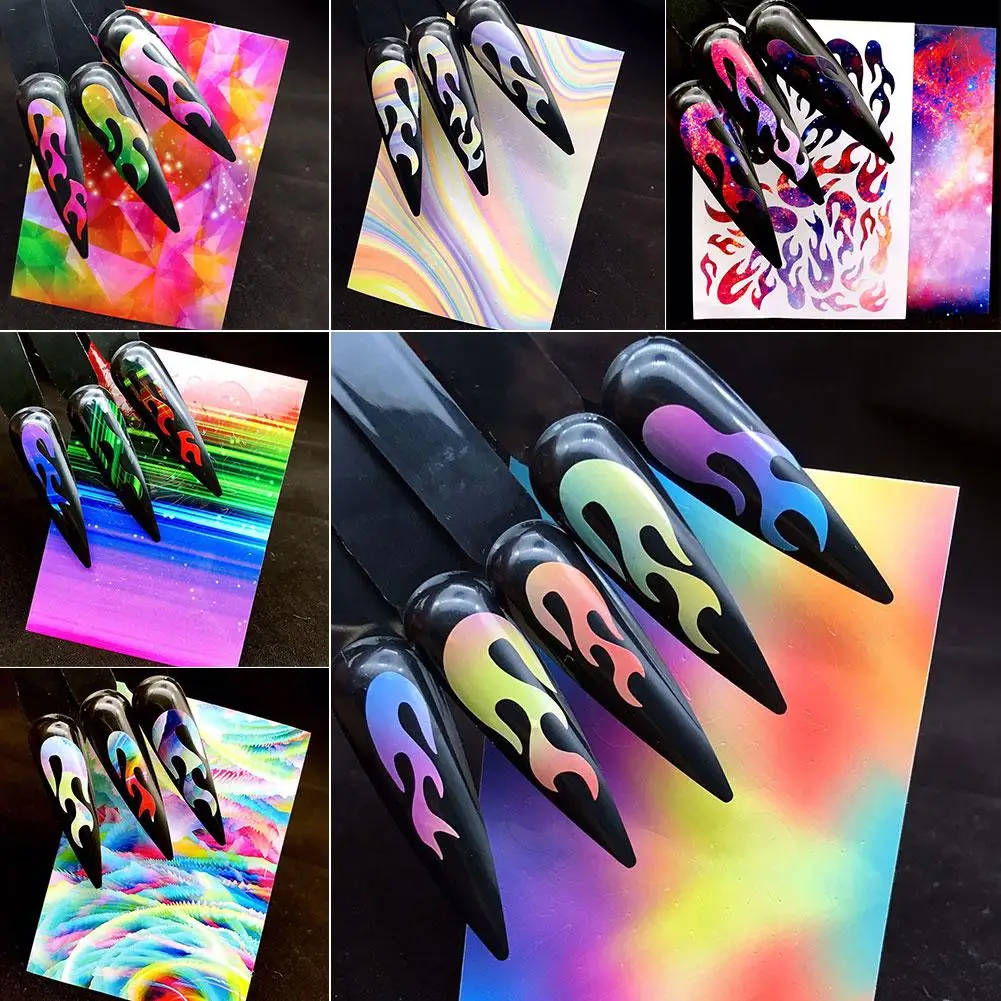 

6 Pcs/Set Fire Flame Nail Stickers, Bling Stencil Hollow Stickers Fires on Manicure Stencil Stickers Nail Art Fire Decals Decora