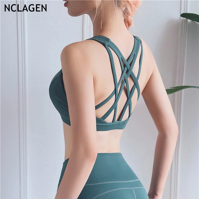 

NCLAGEN Women Yoga High Impact Bra Solid Color Sportswear Stretchy Quick Dry Push-up Halter Cross-Back Sweat Movement Underwear