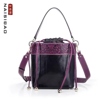 

Women Genuine Leather bag 2020 New Original Chinese Wind Embossed Bucket Bag Head layer leather shoulder bag