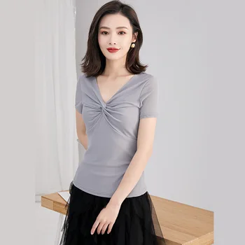 

Women's Cotton V-neck Solid Color Short Sleeve T-Shirt 2020