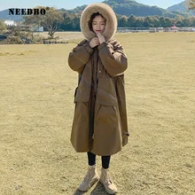

NEEDBO Women Winter New Cotton Padded Coat with Plush Thickened Padded Long Parka Jacket Faux Fur Hooded Jacket New