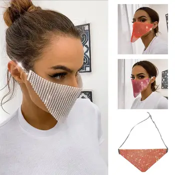 

3Pcs Women Fluorescent Neon Mesh Face Mask Shiny Rhinestone Chain Triangle Mouth Cover Masquerade Nightclub Ball Party