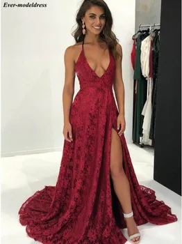 

Sexy Burgundy Lace Prom Dresses 2019 Open Back Side Split Formal Evening Gowns Party Dresses Vestidos De Festa Cheap