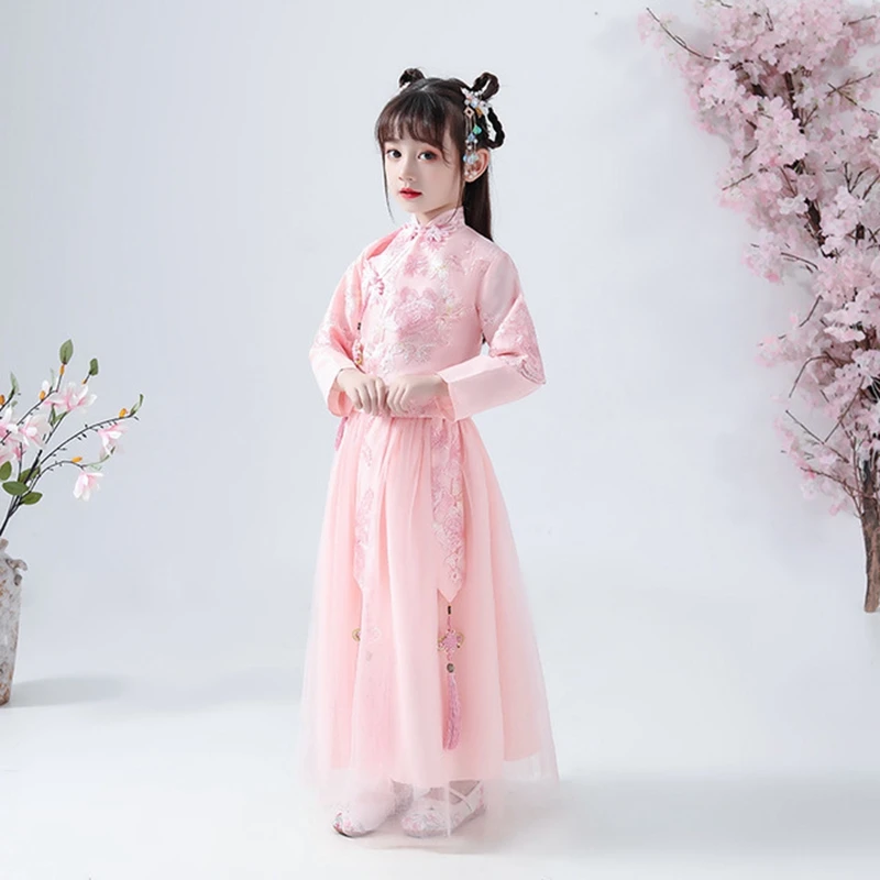 Китайская юбка Hanfu для девочек осенне-зимний кружевной костюм из двух предметов в китайском стиле со стоячим воротником и длинными рукавами суперсказочный Улучшенный костюм - Цвет: Pink (winter)