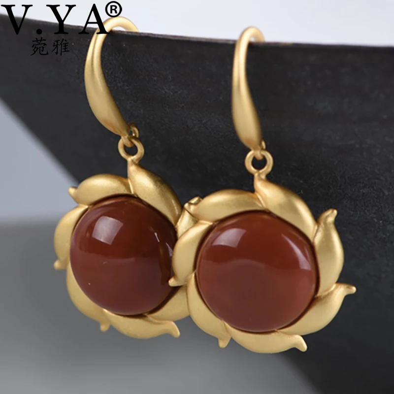 

V.YA Bohemia Vintage Sunflower Earrings Natural Red Stone Round Dangle Earrings Ancient Silver Earrings For Women Jewelry Gift