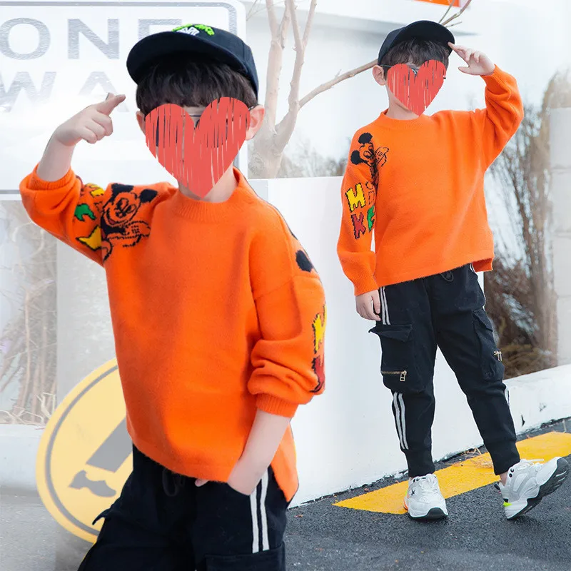 

Autumn Winter Baby Kids Cashmere Sweater Cartoon Mickey Sweaters Korean Version Knitted Bottoming Sweatshirt For Boys Children